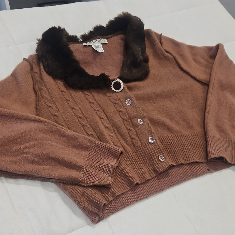 Vintage Claudette Cashmere Brown Cardigan with Faux Fur Trim size Medium - Picture 5 of 11